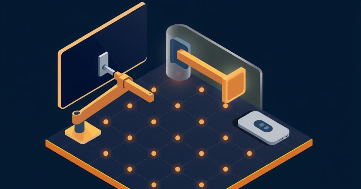 Isometric view showing three desktop mounting brackets: C-clamp, grommet bolt, and wall anchor